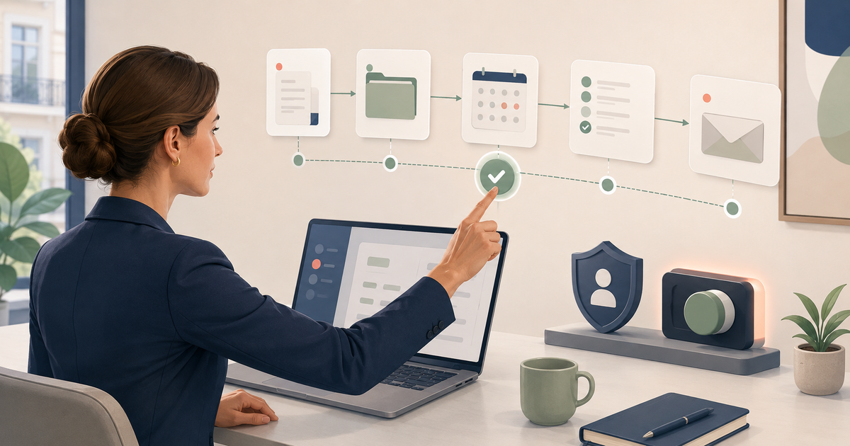 Professionnelle contrôlant une chronologie d’activités numériques avec des symboles de confidentialité et d’activation volontaire